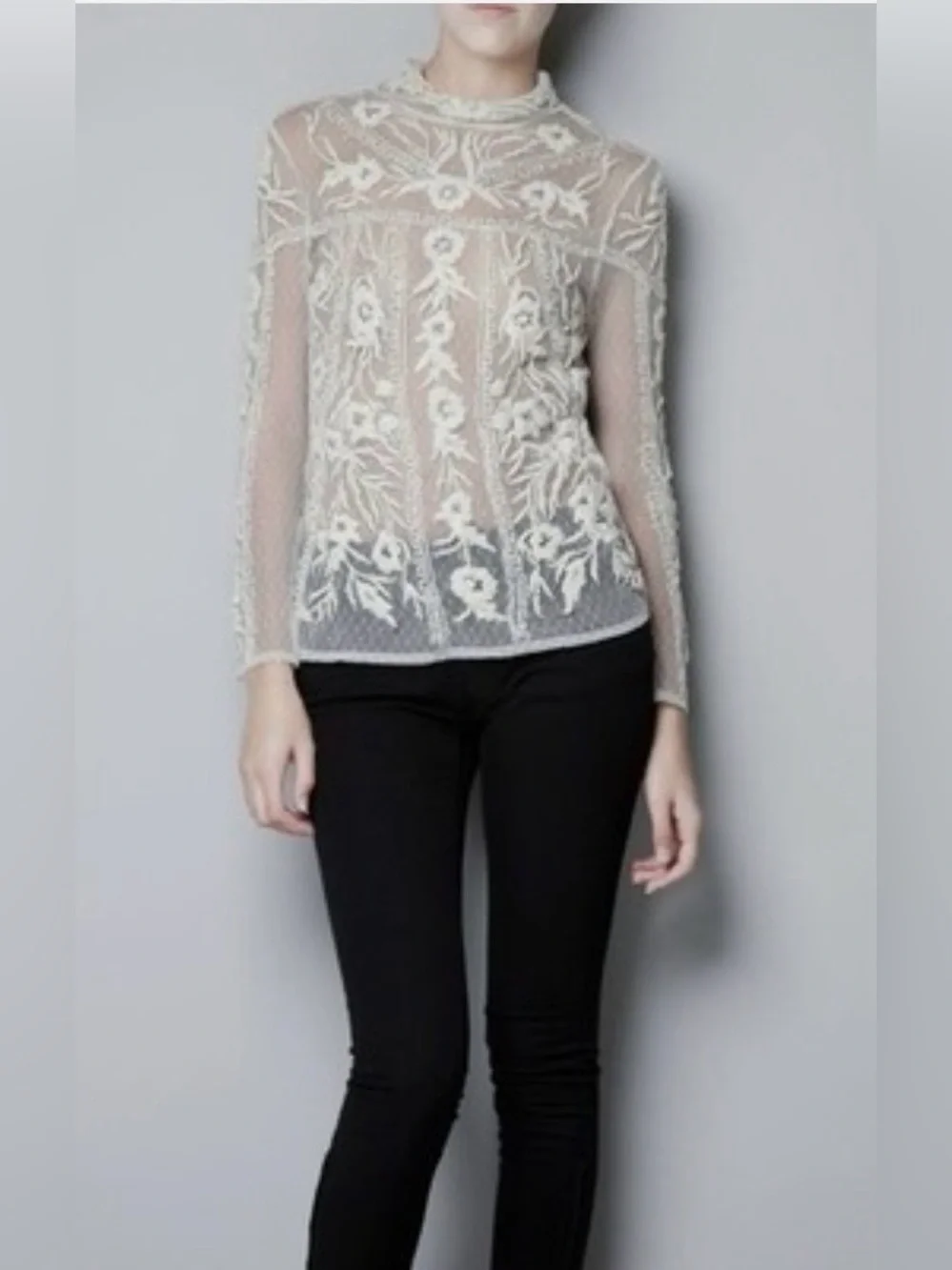 Zara Trafaluc Sheer Mesh Floral Long Sleeve Chic Top In Cream Size Small